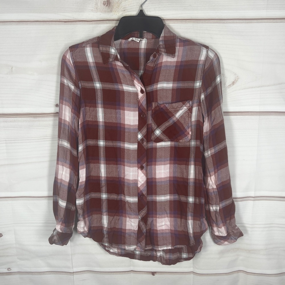 Beachlunchlounge Plaid Shirt Women XS Burgundy Long Sleeve Button Down‎ Top